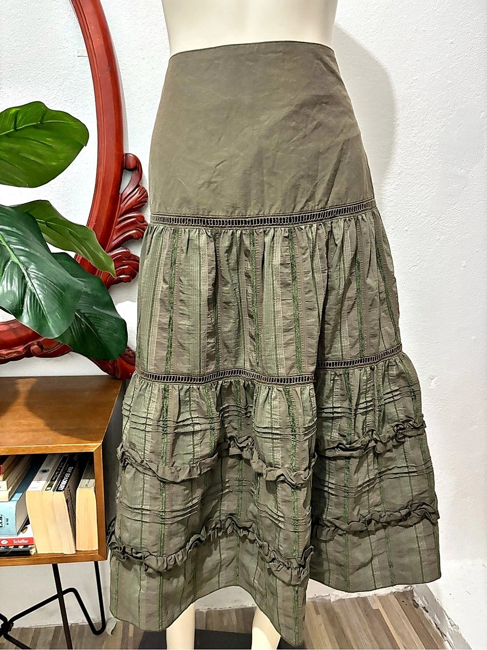 Y2K Camaieu Tiered Striped Dark Green Boho Fairy Midi Skirt EU 38